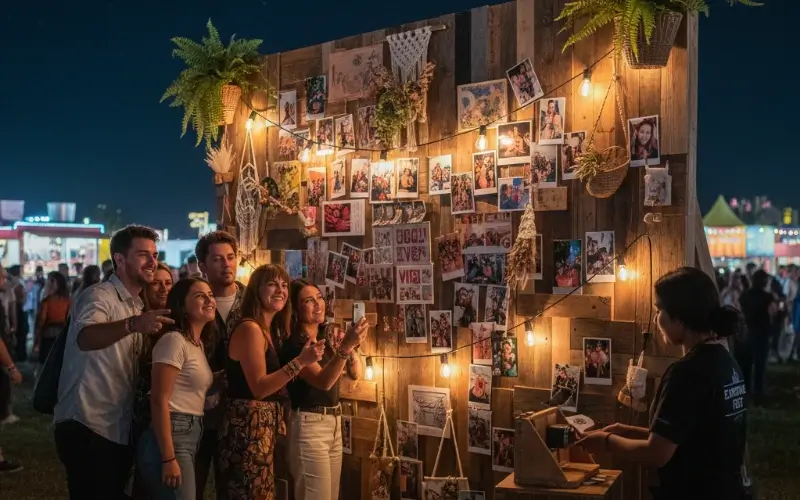 Attendees interacting with a photo wall installation at an experiential event, taking pictures and engaging with a branded display designed for social sharing.