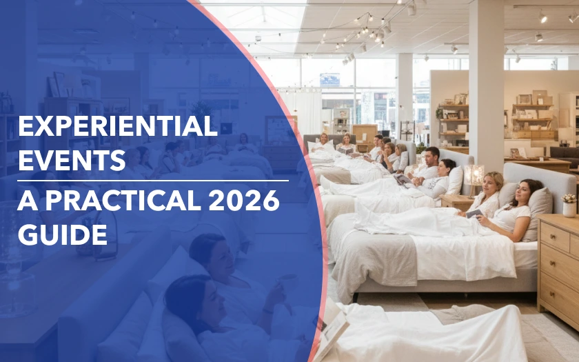 Attendees relaxing in a furniture showroom during an immersive experiential event, testing beds and bedding as part of a hands-on brand experience.