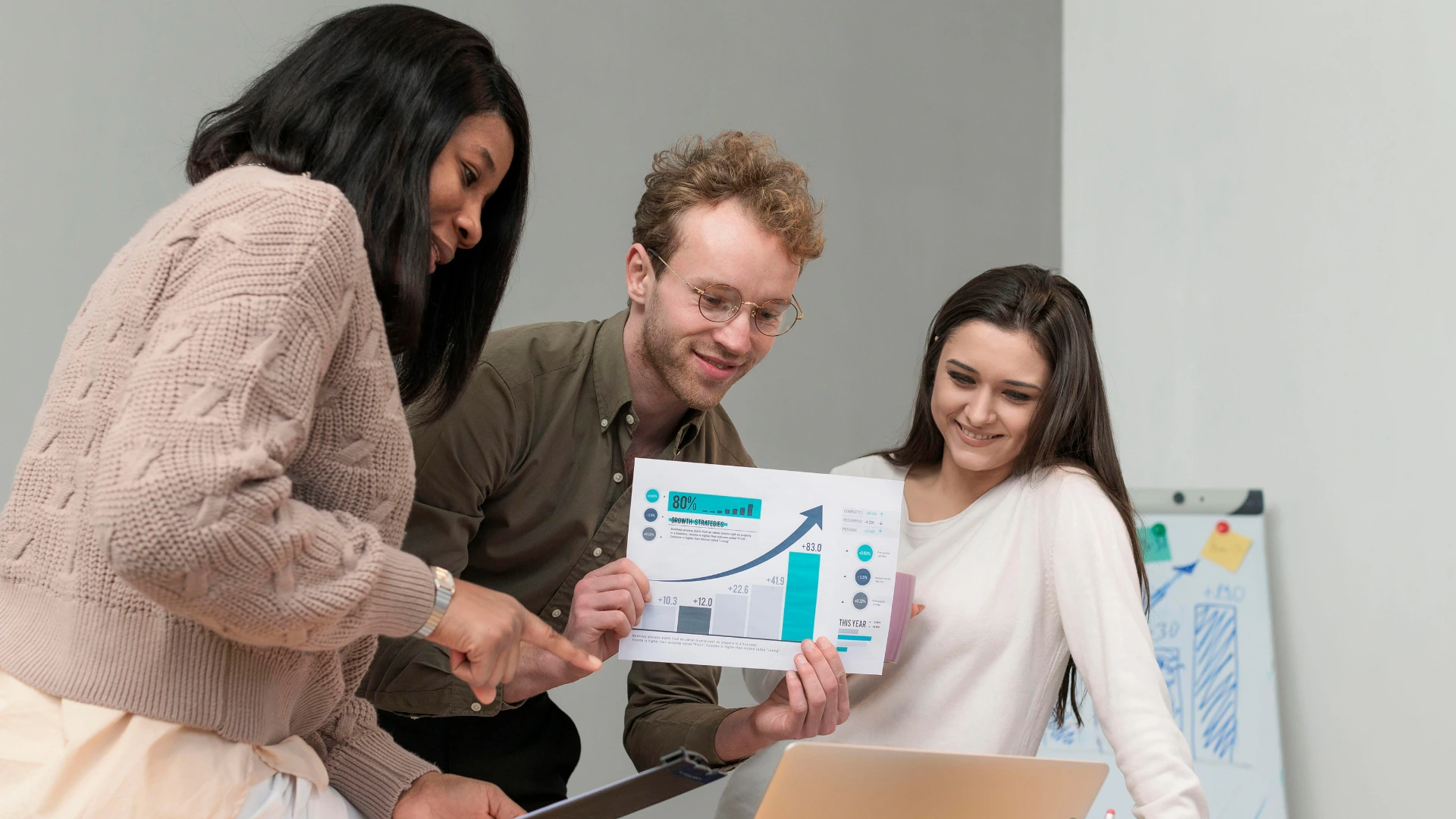 Team reviewing growth charts and performance metrics during a B2B lead generation strategy discussion focused on data-driven decision making.