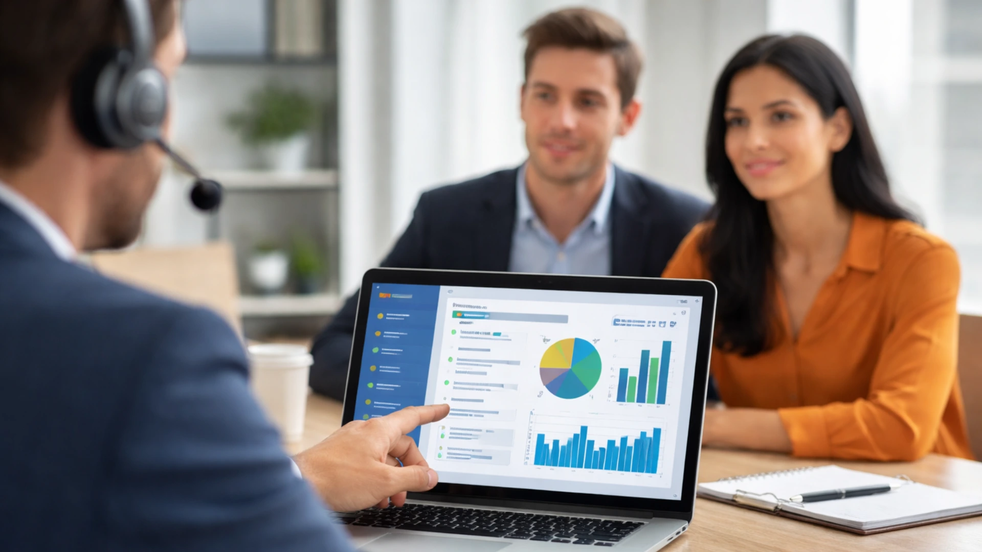 Sales professional explaining analytics to buyers during a live session, illustrating product demos meaning in B2B decision-making.