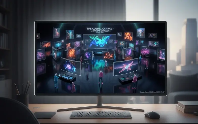 Virtual exhibition platform interface showing a digital exhibition hall with multiple interactive booths and displaysVirtual exhibition platform interface showing a digital exhibition hall with multiple interactive booths and displays.