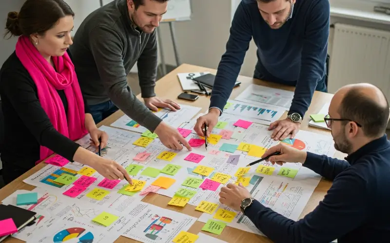 Team collaborating on marketing strategy and campaign planning using notes and data visualizations.