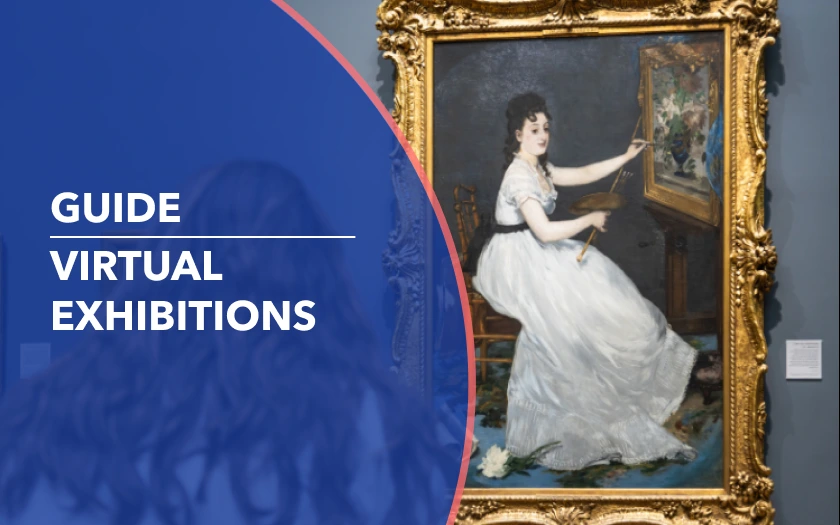 Guide cover image for virtual exhibitions featuring an artwork displayed in a gallery setting with the title “Virtual Exhibitions”