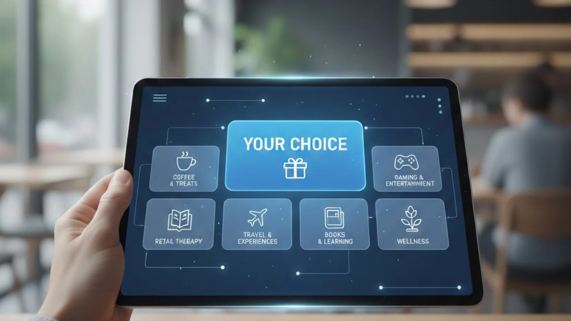 Interactive screen offering multiple gift options, representing choice-based virtual swag bag ideas for event attendees.