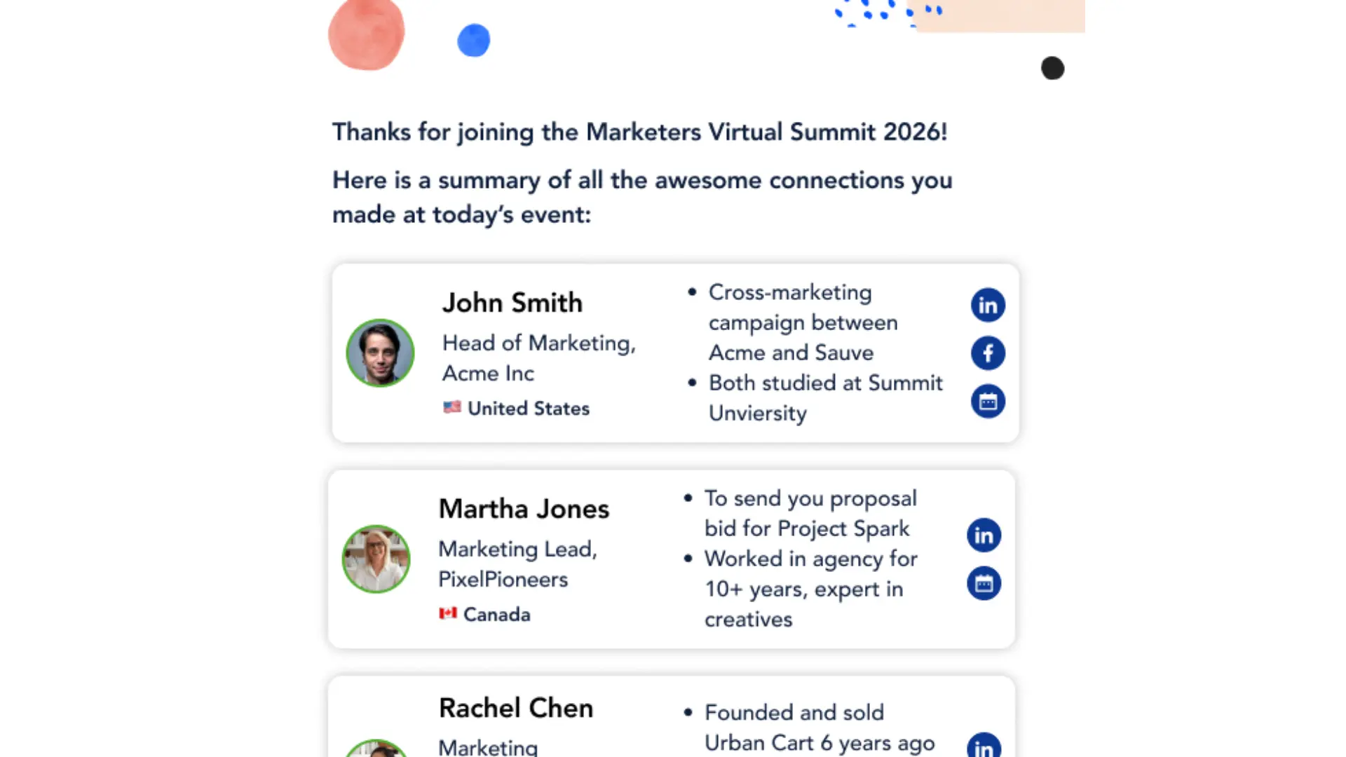 Personalized digital connection cards summarizing event networking, showcasing virtual swag bag ideas that extend post-event engagement.