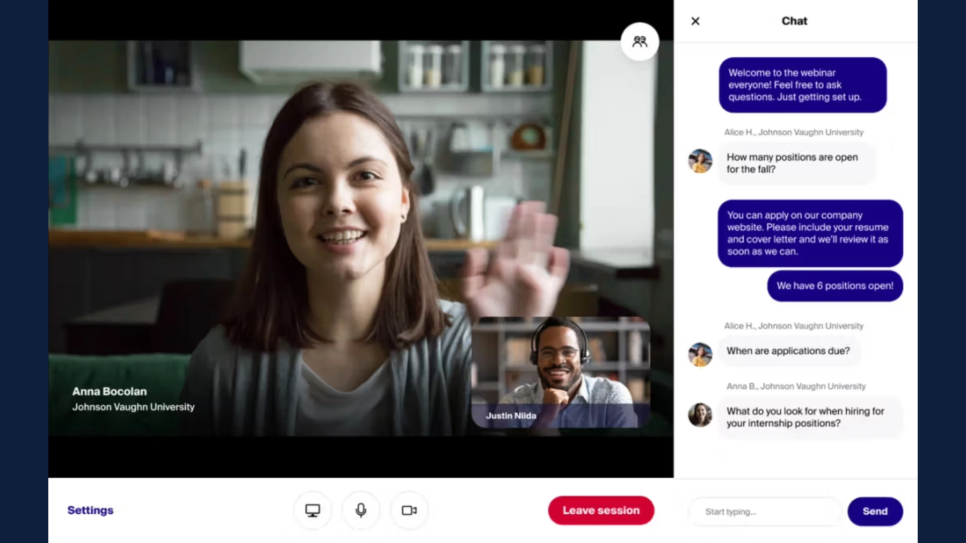 Handshake virtual career fair screen featuring employer booth and student interaction tools.