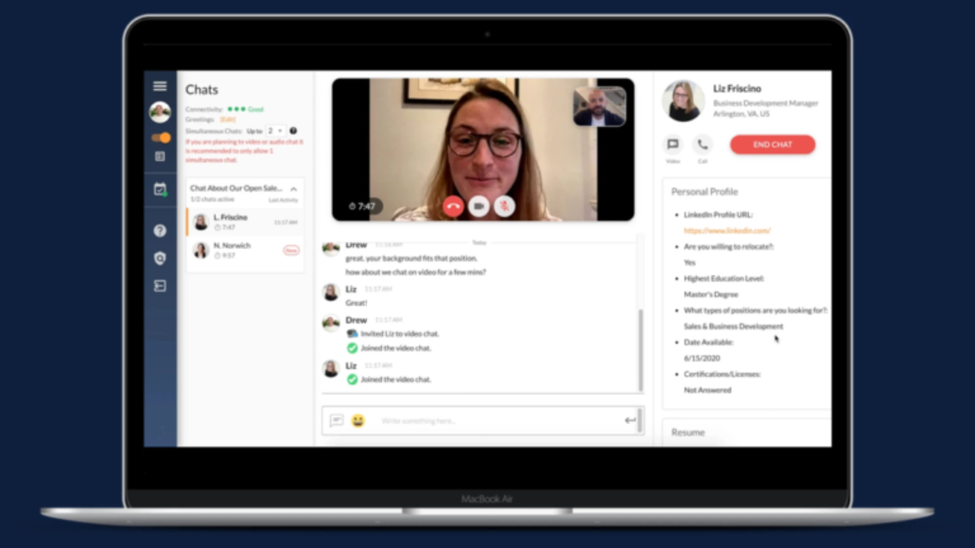 Radancy recruiting platform displaying candidate profile and application tracking dashboard.