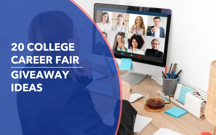 Virtual meeting setup illustrating 20 college career fair giveaway ideas designed to engage modern students.