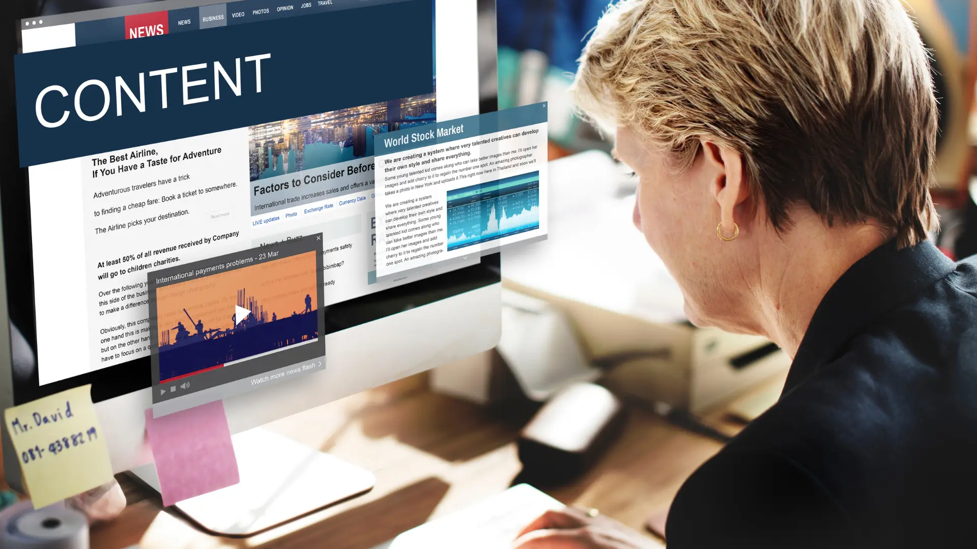 Professional reading online articles and digital resources on a large monitor.