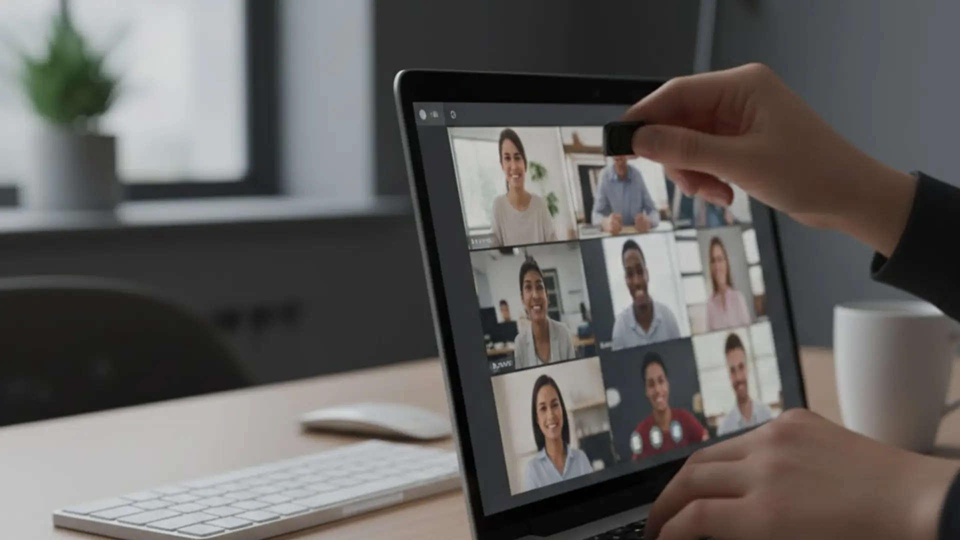 Hand placing a small webcam cover over a laptop camera.