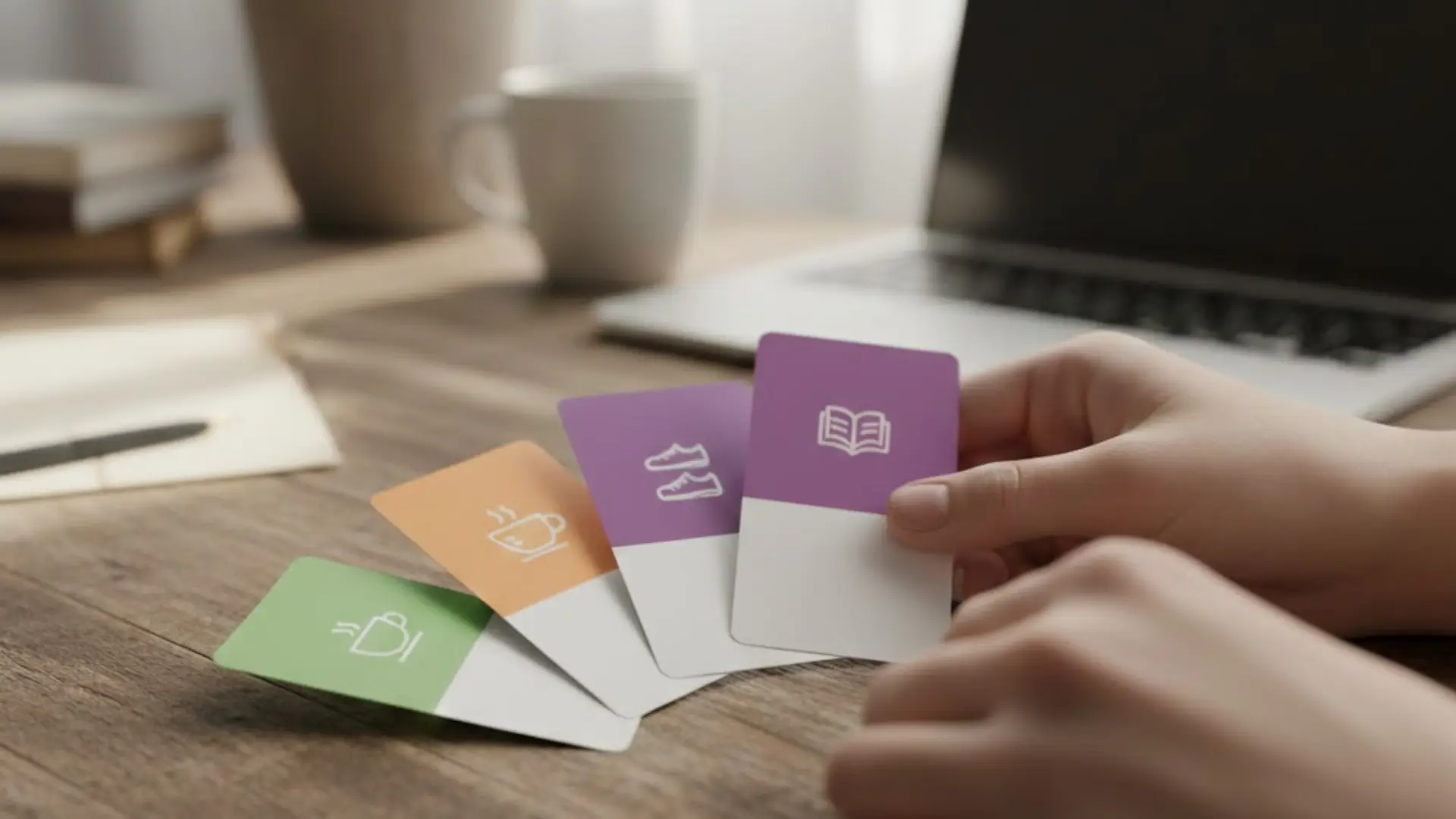 Hand holding colorful cards featuring simple lifestyle and wellness icons.