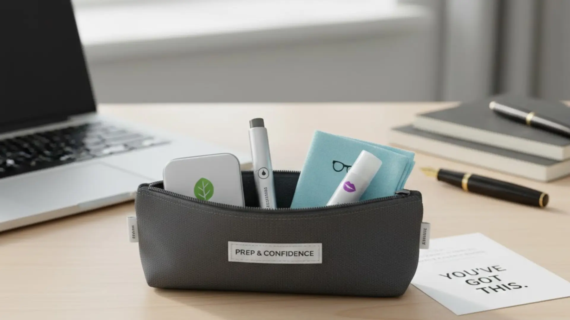 Desk pouch labeled ‘Prep & Confidence’ with small essentials inside.