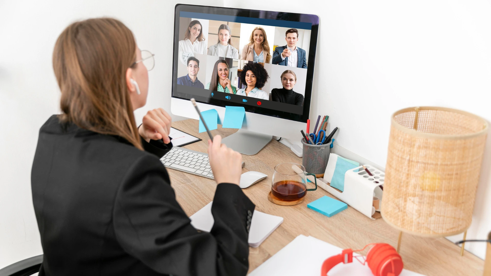 Professional attending a virtual job fair from a home office, speaking to recruiters on a video call.