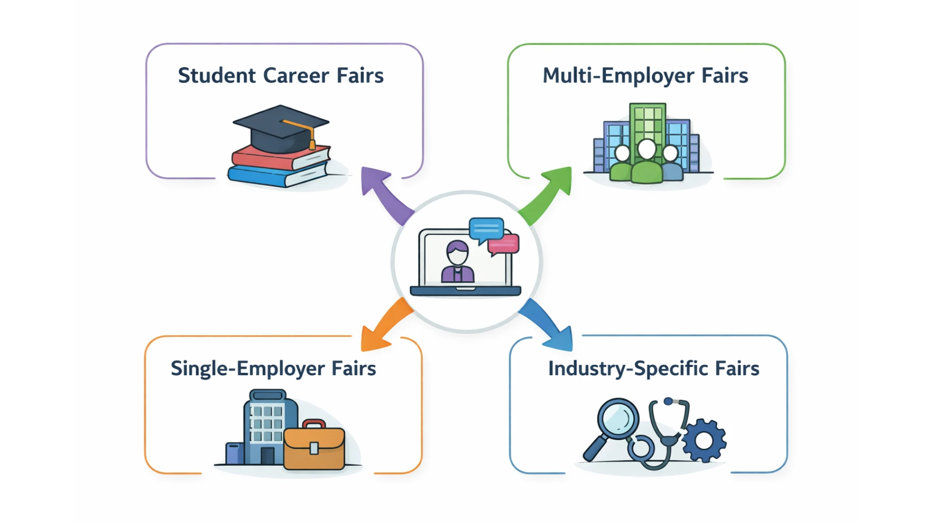 Illustration showing different formats of online hiring events, including student, multi-employer, single-employer, and industry-specific fairs.
