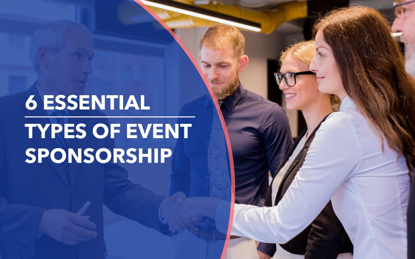 Business professionals networking at a branded event, highlighting the different types of event sponsorship.