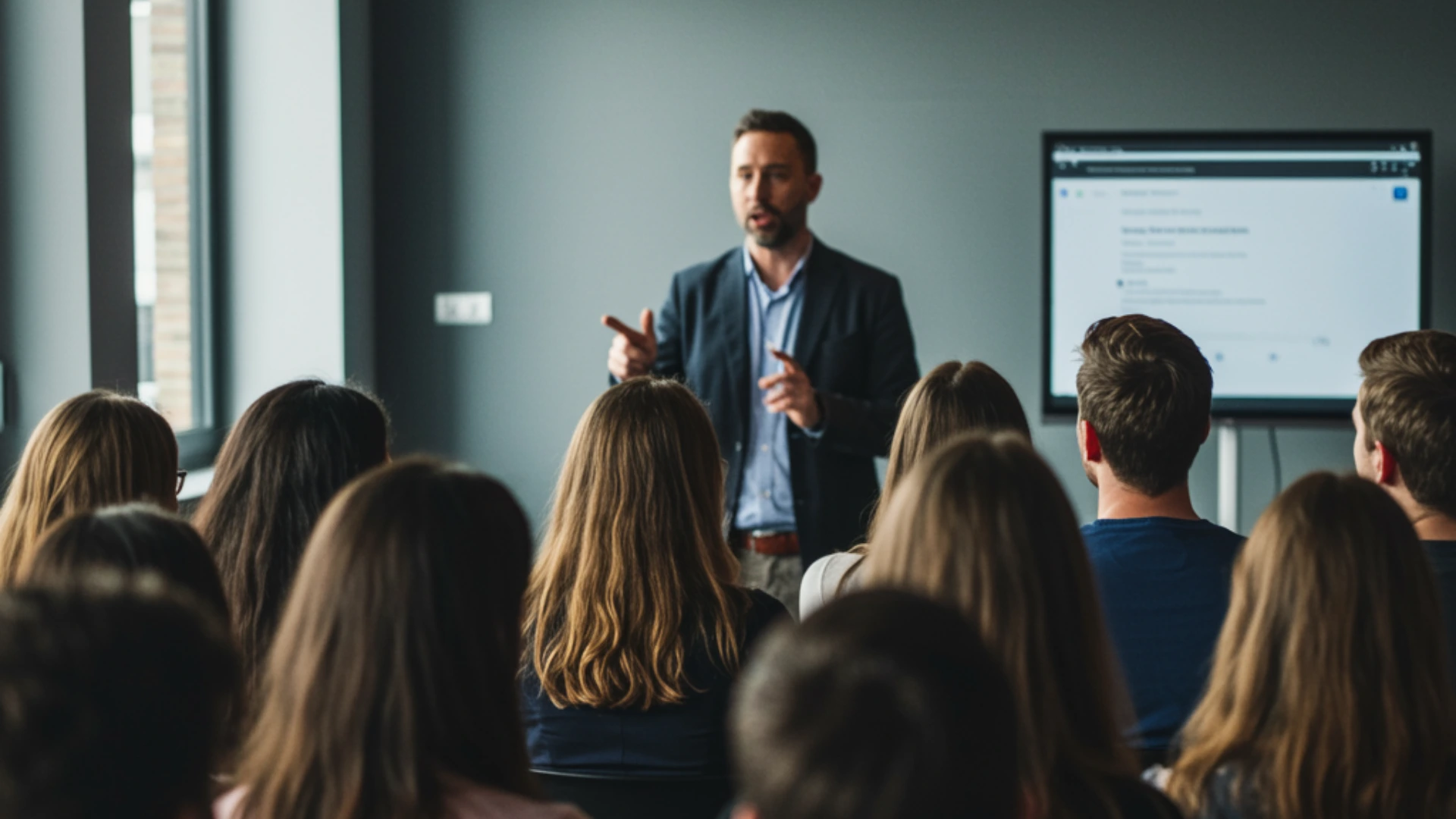 Speaker presenting to an audience during a branded session, showcasing promotional partnership visibility.
