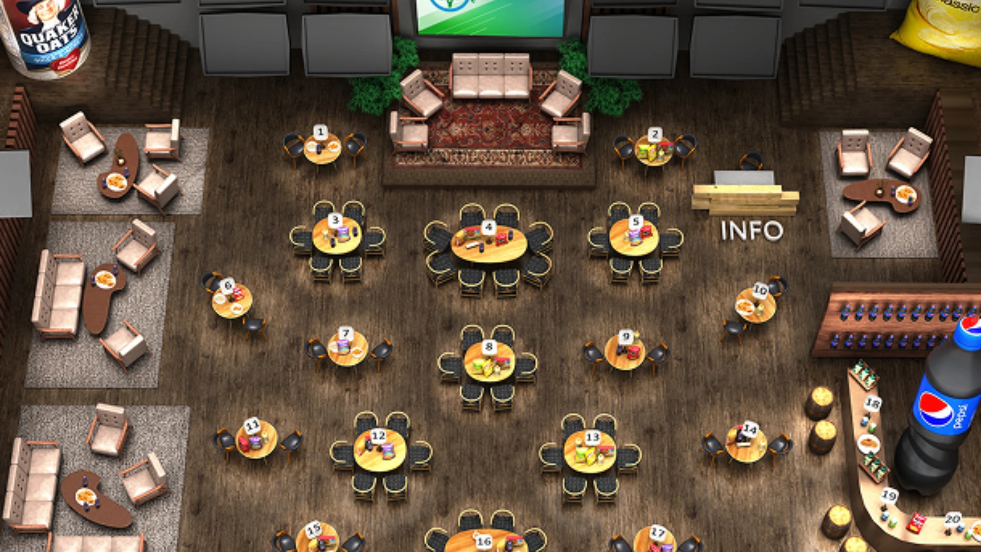 Virtual event floor layout with branded tables and sponsor placements in an online environment.