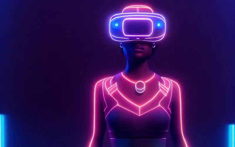 Neon-lit illustration of a person wearing a VR headset, symbolizing the evolution of XR technology from immersive spectacle to practical event applications.