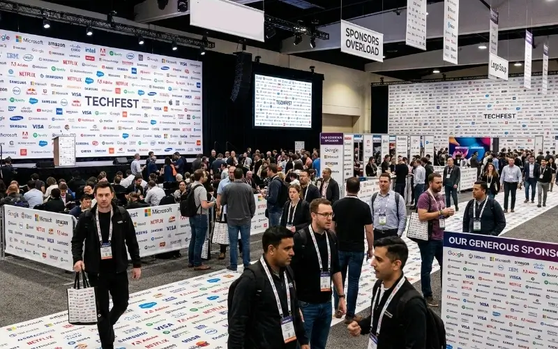 Event venue overwhelmingly filled with sponsor logos and branded signage at a large conference.