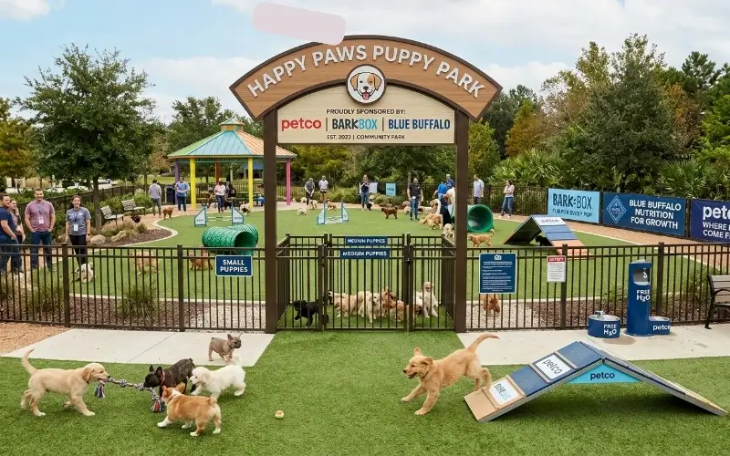 Sponsor-branded puppy park activation at an event encouraging attendee engagement.