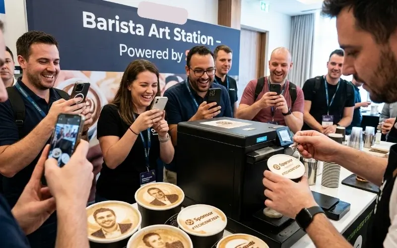 Sponsor-branded barista art station creating custom logo coffee at a conference event.