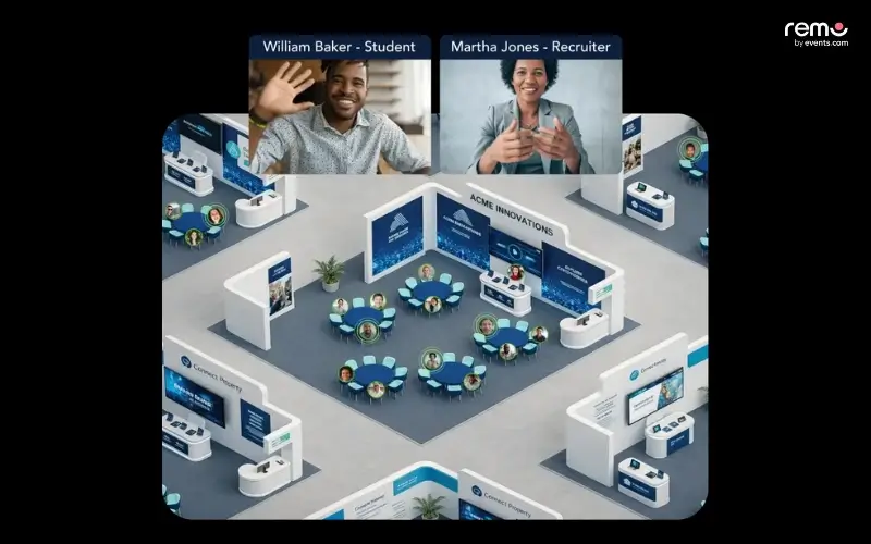 Interactive Remo virtual career fair floor plan showing branded employer booths, networking tables, and live video conversations between a student and recruiter.