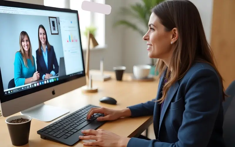 Recruiter participating in a one-on-one video meeting on a desktop computer, representing a breakout-room style interaction during a virtual career fair.