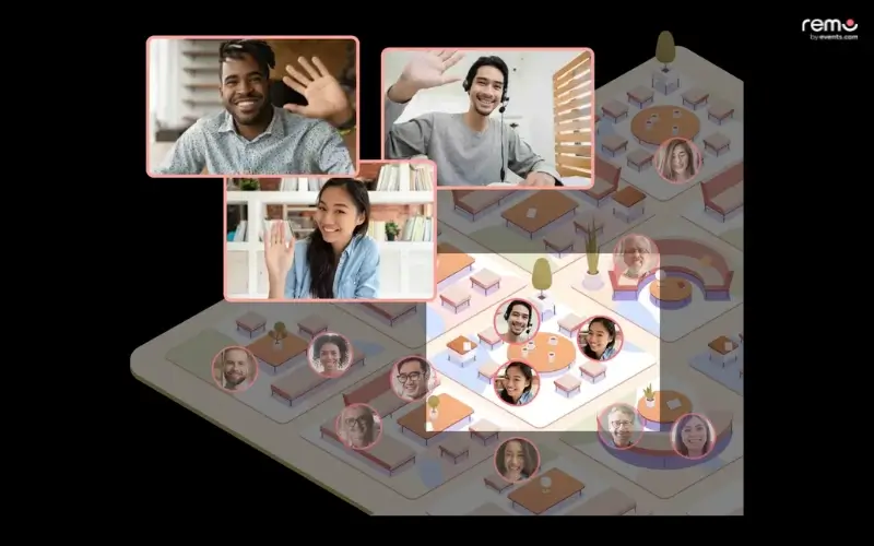 Remo virtual event floor plan showing attendees joining spontaneous video conversations at different tables.