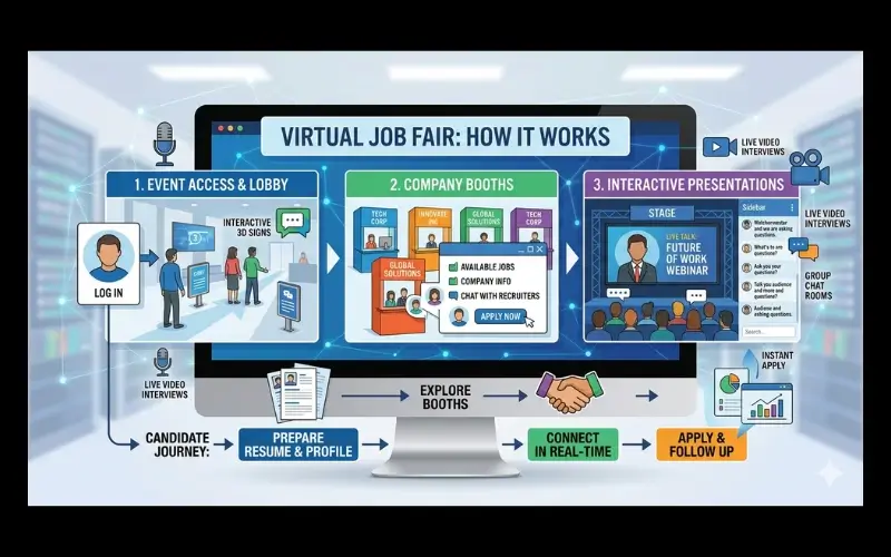 Infographic showing how a virtual job fair works, from logging in and exploring company booths to attending live presentations, chatting with recruiters, and applying for jobs.