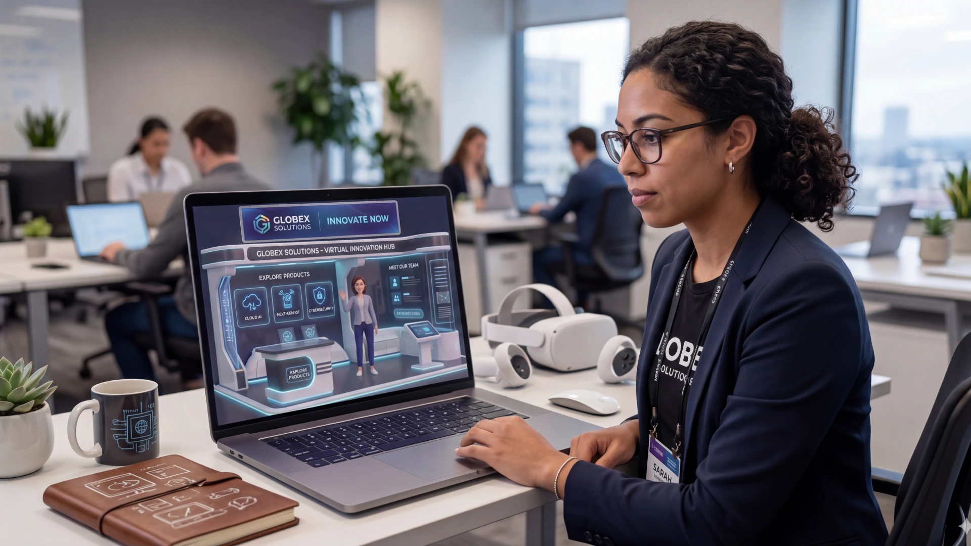 Virtual career fair platform showing industry-based booth areas and company booths.