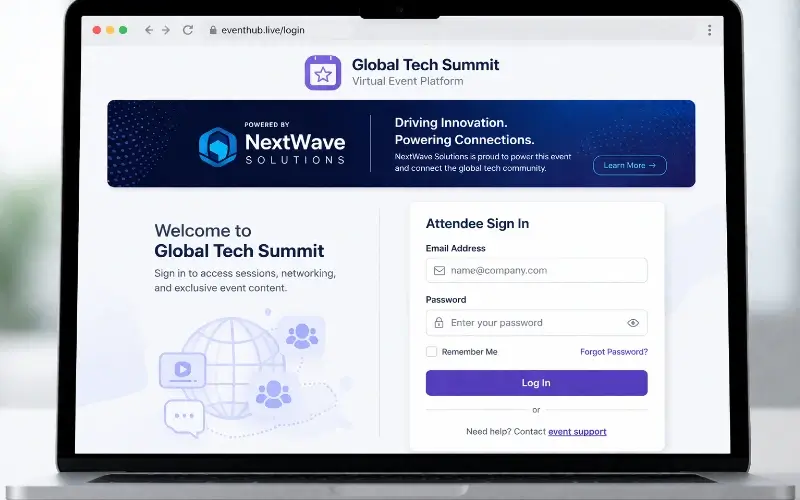 Virtual event platform login screen showing a sponsor-branded banner placed beside the sign-in form with logo and CTA messaging.