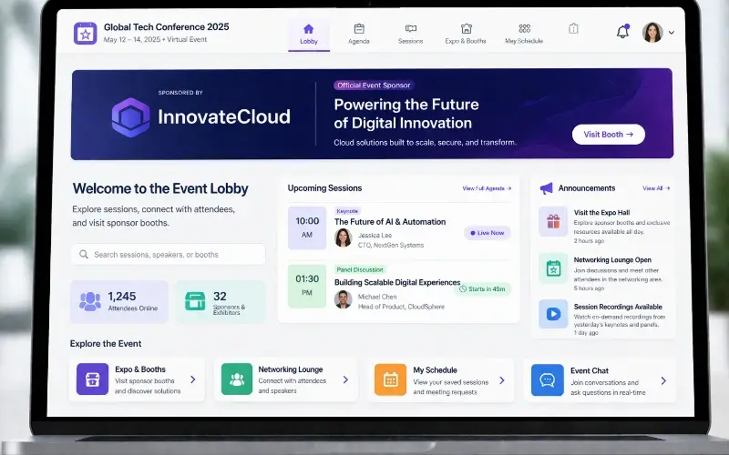 Virtual event lobby homepage with a large sponsor banner displayed at the top above sessions and event updates.