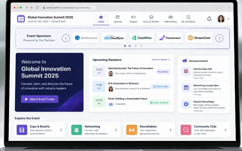 Virtual event lobby homepage displaying a rotating sponsor logo carousel in the header area above event sessions and navigation.