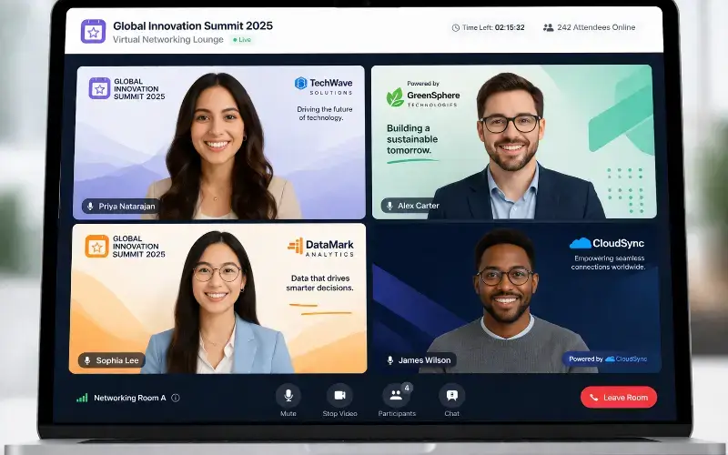 Networking video call interface showing attendees with sponsor-branded virtual backgrounds featuring logos and event branding.