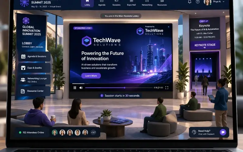 3D virtual event lobby waiting room displaying a sponsor-branded pre-roll video before attendees join a live session.