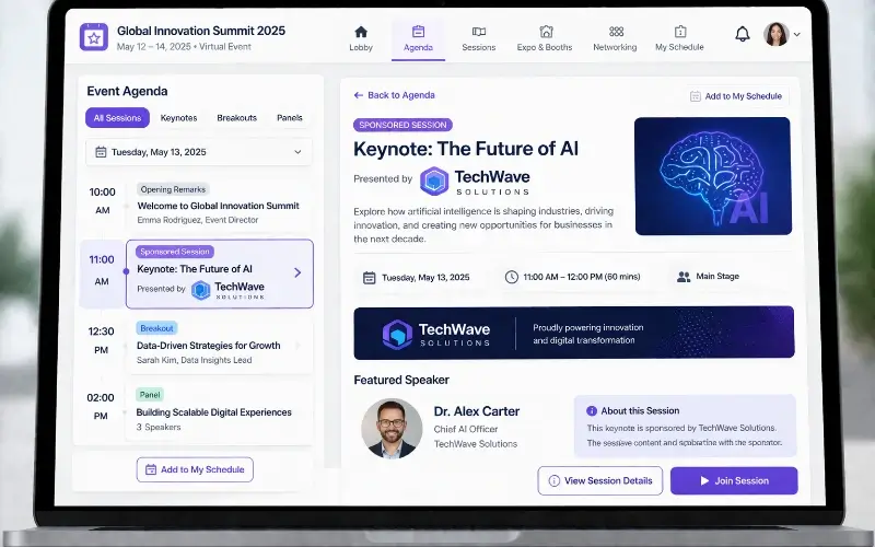 Virtual event session page showing sponsor branding attached to a keynote session across the agenda and session details.