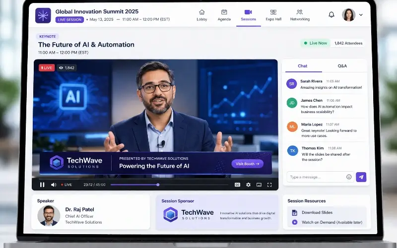 Live virtual session broadcast showing a sponsor-branded lower-third banner overlay during the speaker presentation.