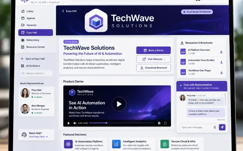Dedicated sponsor-branded virtual booth page featuring videos, brochures, CTA buttons, and live chat options.
