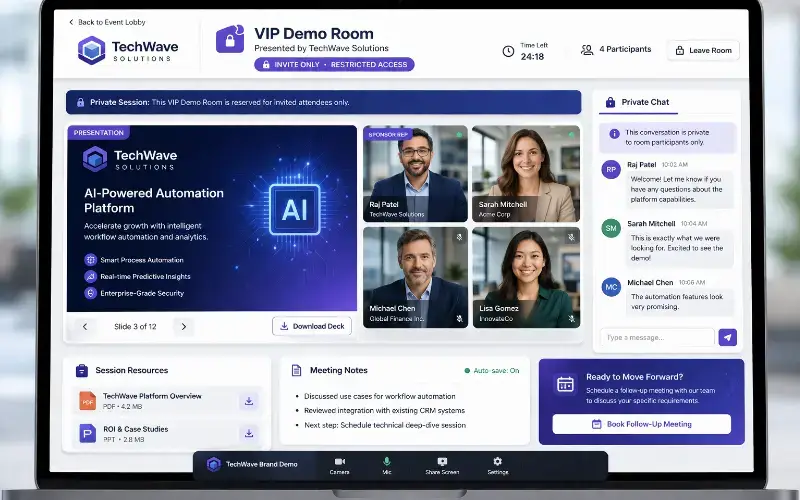 Private sponsor-branded VIP demo room with invite-only access, live video call layout, and presentation materials.