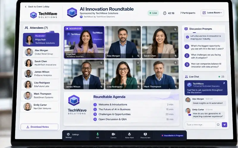 Small-group virtual roundtable room showing sponsor branding in the room header, discussion prompts, and moderator area.