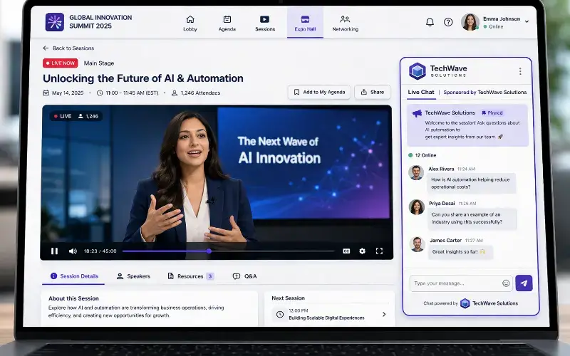 Live event session interface with sponsor branding integrated into the chat sidebar and pinned sponsor message.