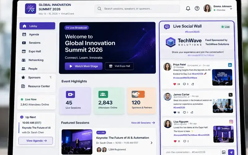 Virtual event social wall displaying sponsor-branded live hashtag posts and attendee-generated content inside the platform.