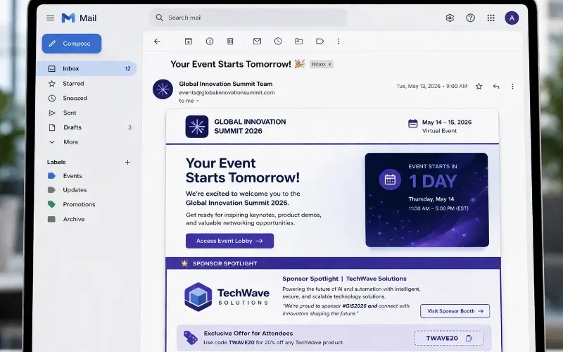 Pre-event reminder email mockup featuring sponsor logo placement, sponsor spotlight section, and CTA button.