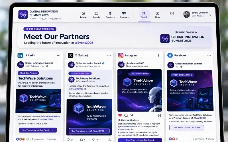 Pre-event sponsor spotlight campaign mockup showing branded posts across LinkedIn, X, and Instagram.