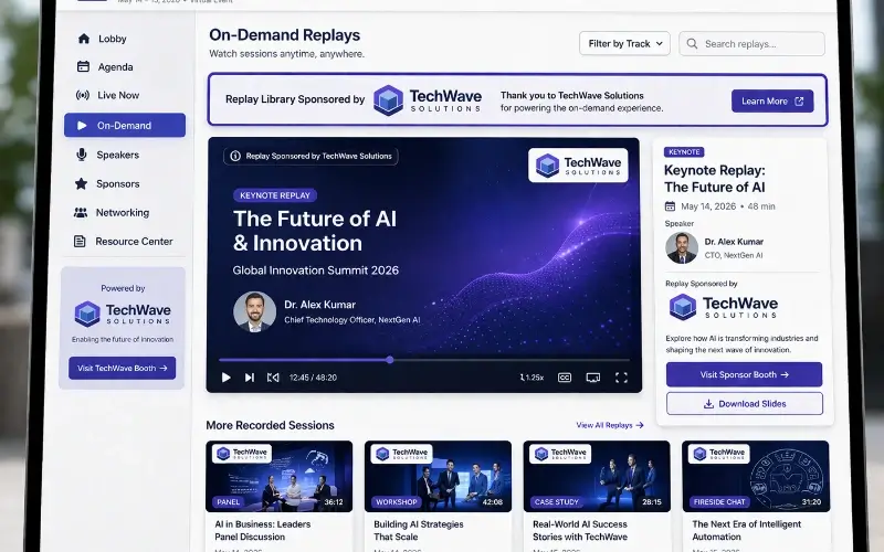 On-demand replay session page showing sponsor branding on video thumbnails, title cards, and replay library sections.