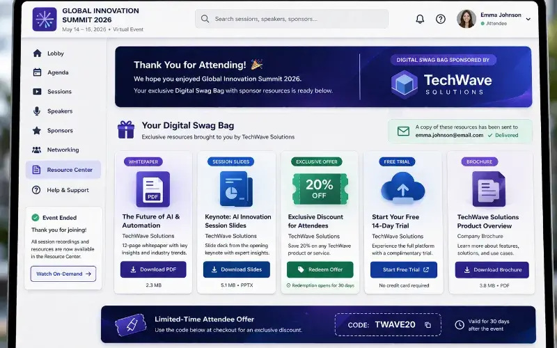 Post-event digital swag bag page with sponsor branding, downloadable resources, discount codes, and CTA buttons.