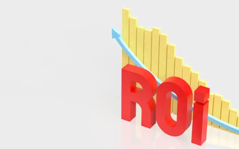 3D ROI graphic with upward arrow and bar chart, illustrating return on investment measurement for B2B event sponsorships.