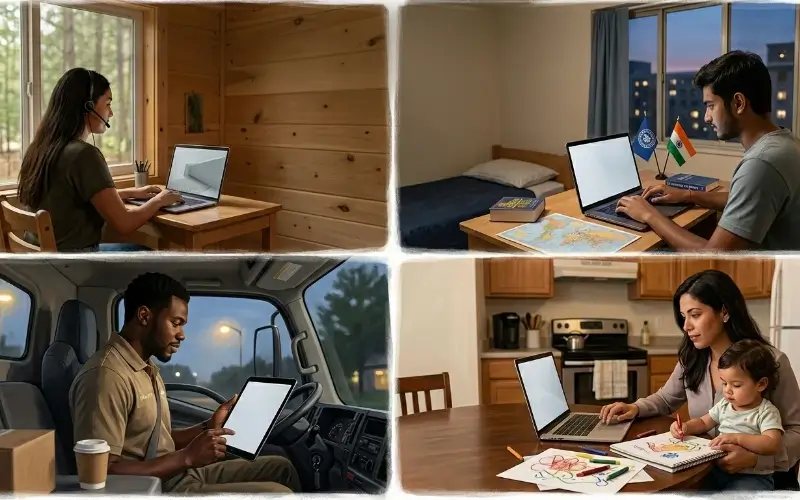 A four-panel collage showing a remote student in a cabin, an international student in a dorm, a delivery driver using a tablet, and a mother with her child all participating in a virtual career fair.