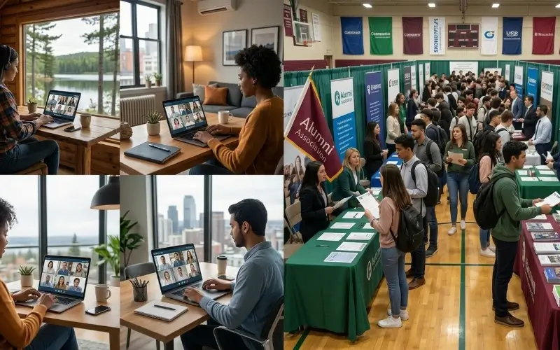 A split image showcasing 4 people attending a virtual career fair on the left versus students attending an in-person career fair on the right