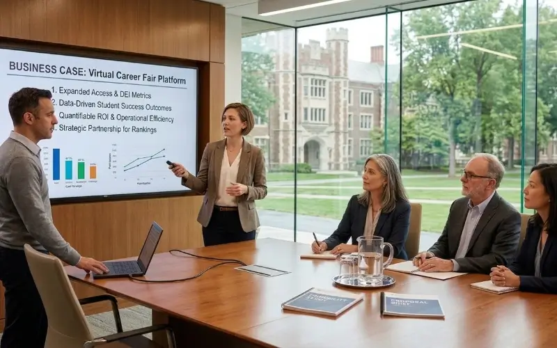 A high-level briefing scene where two organizers present a business case for a virtual career fair platform to university deans.